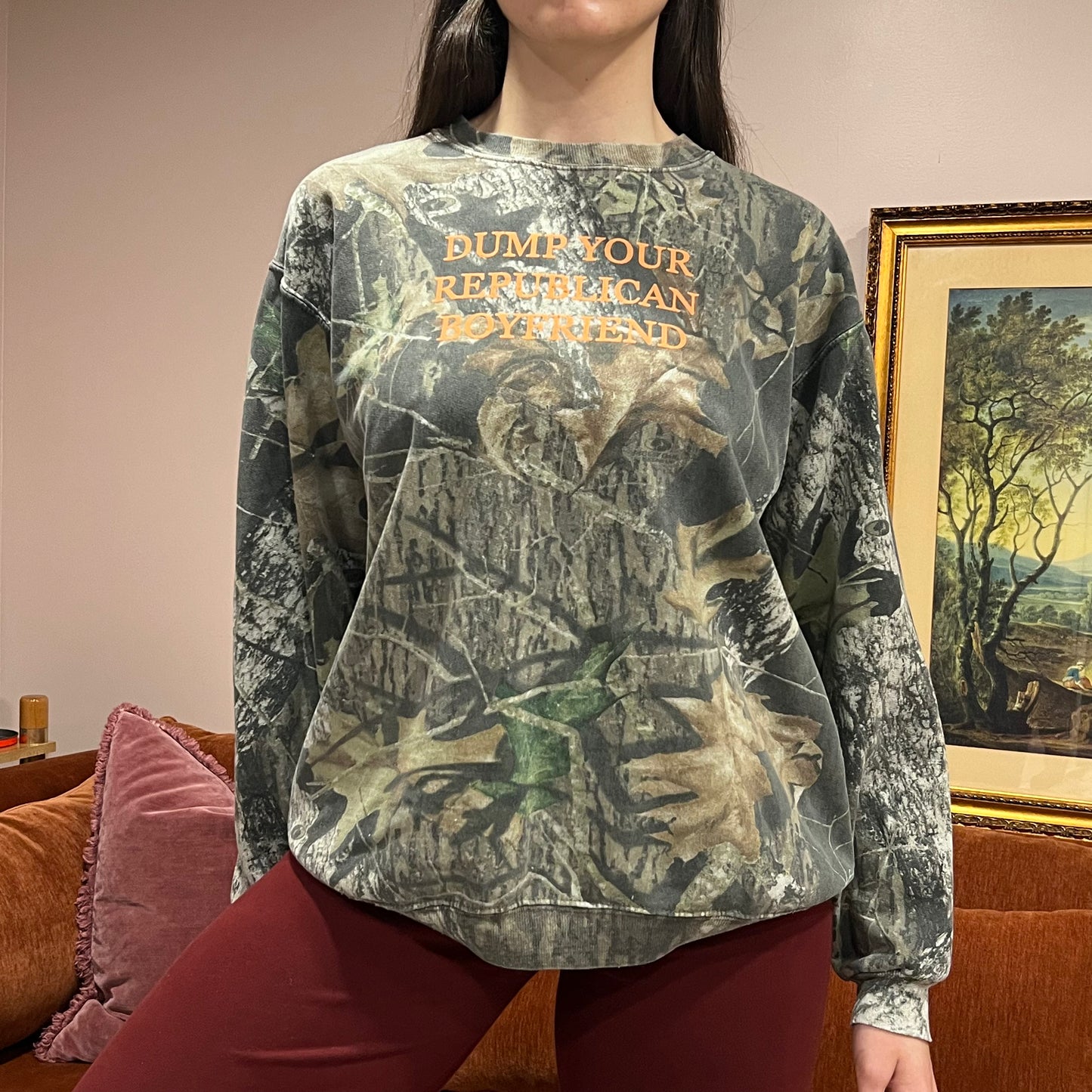 DUMP YOUR REPUBLICAN BOYFRIEND camo crewneck with orange text (XL)