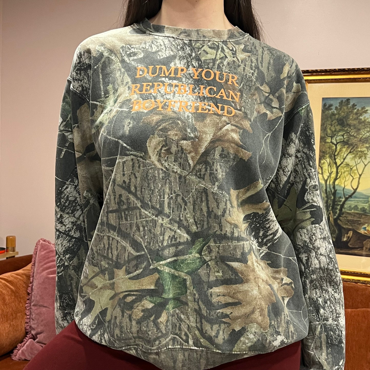 DUMP YOUR REPUBLICAN BOYFRIEND camo crewneck with orange text (XL)