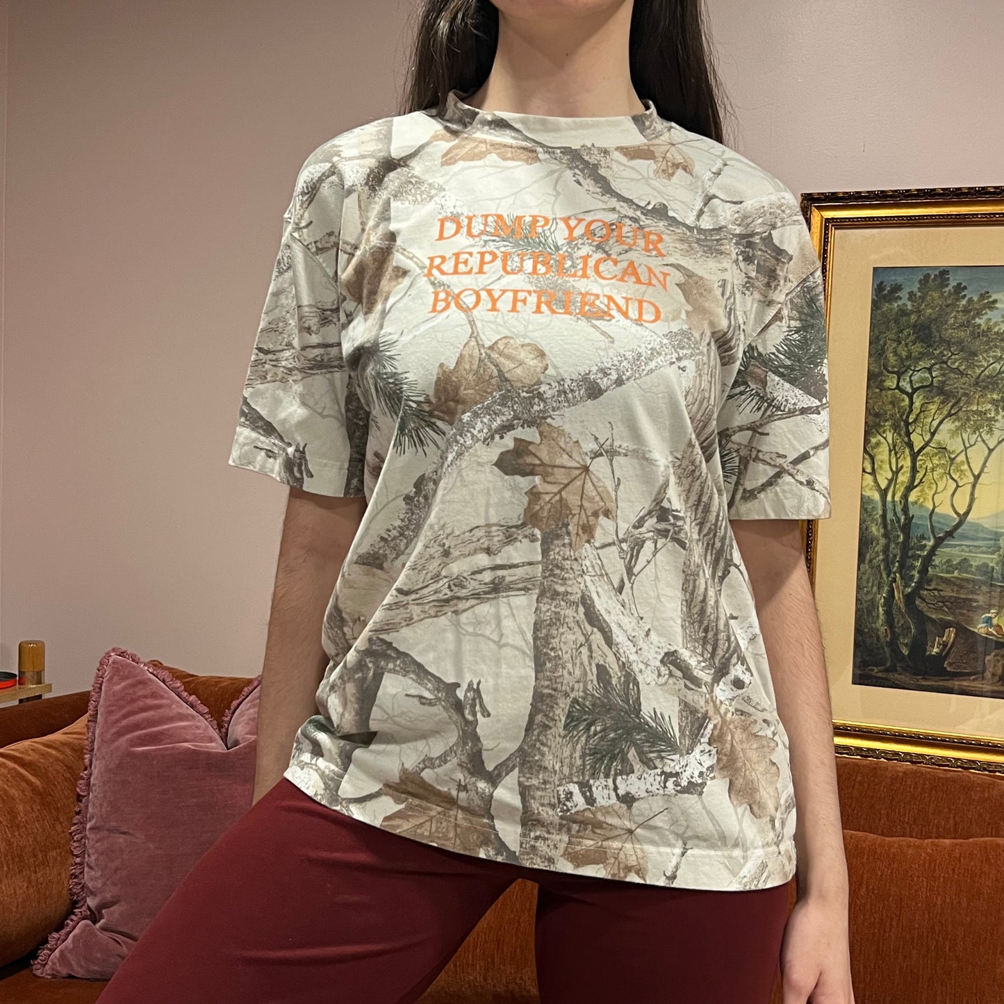 DUMP YOUR REPUBLICAN BOYFRIEND white camo t-shirt with orange text (M)
