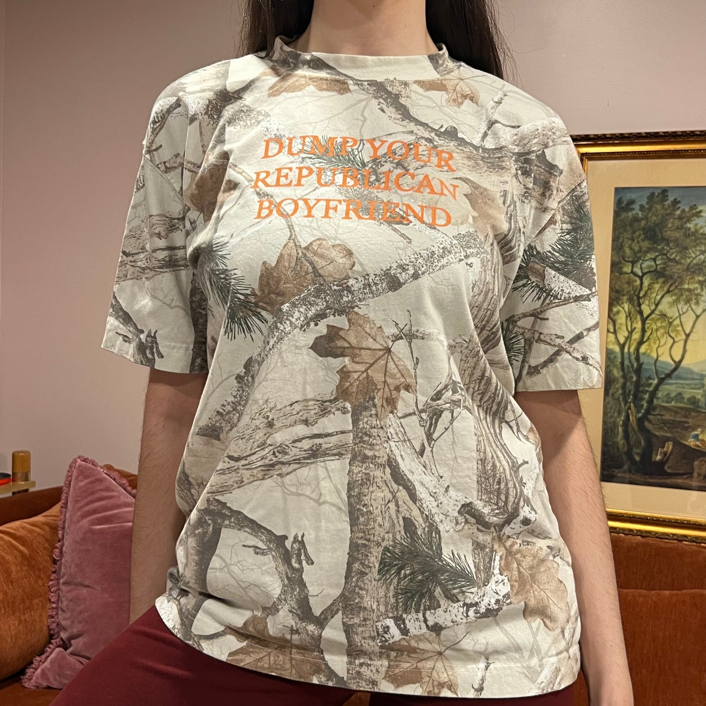 DUMP YOUR REPUBLICAN BOYFRIEND white camo t-shirt with orange text (M)