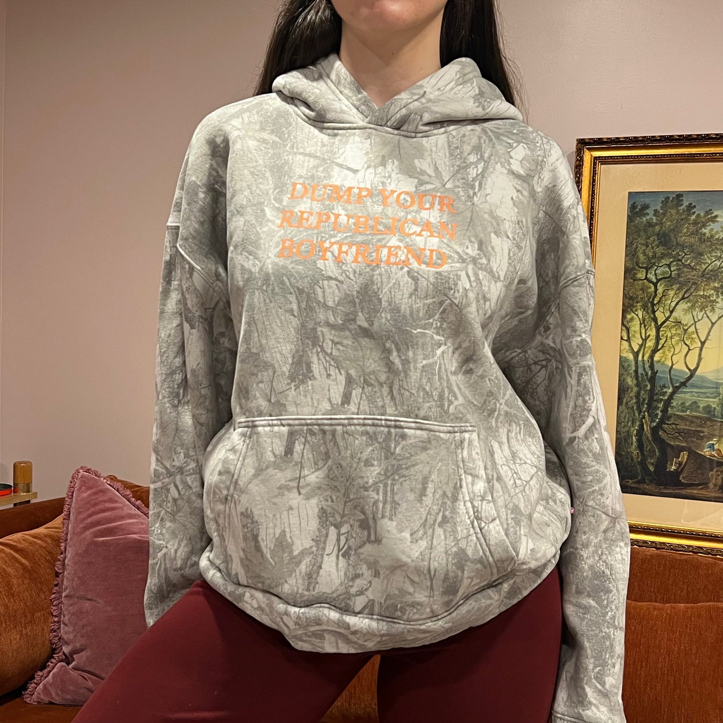 DUMP YOUR REPUBLICAN BOYFRIEND white camo hoodie with orange text (M)