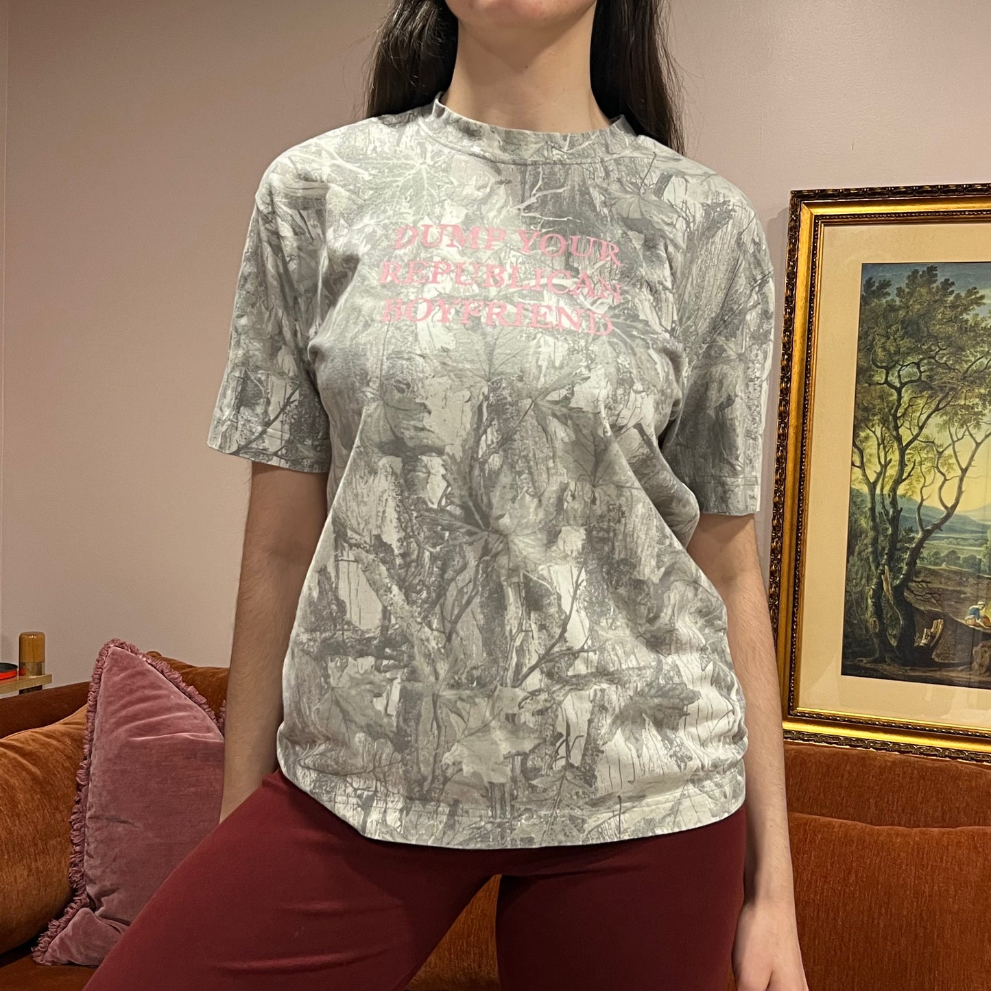 DUMP YOUR REPUBLICAN BOYFRIEND white camo t-shirt with pink text (S)