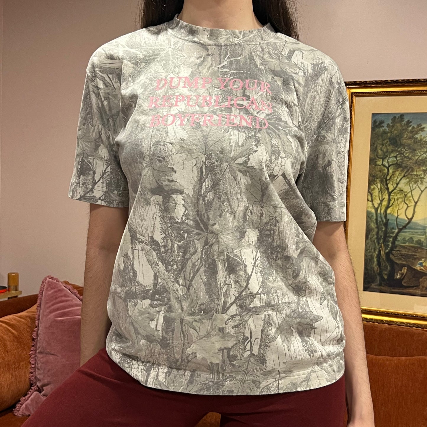 DUMP YOUR REPUBLICAN BOYFRIEND white camo t-shirt with pink text (S)
