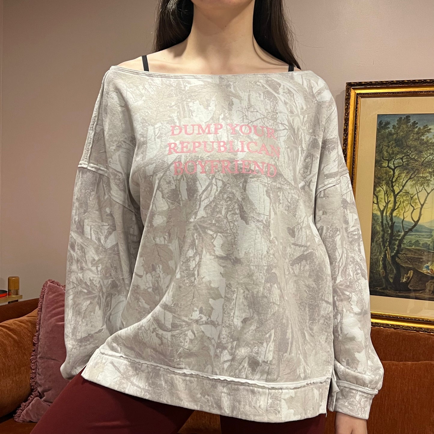 DUMP YOUR REPUBLICAN BOYFRIEND white camo crewneck with pink text (XL)
