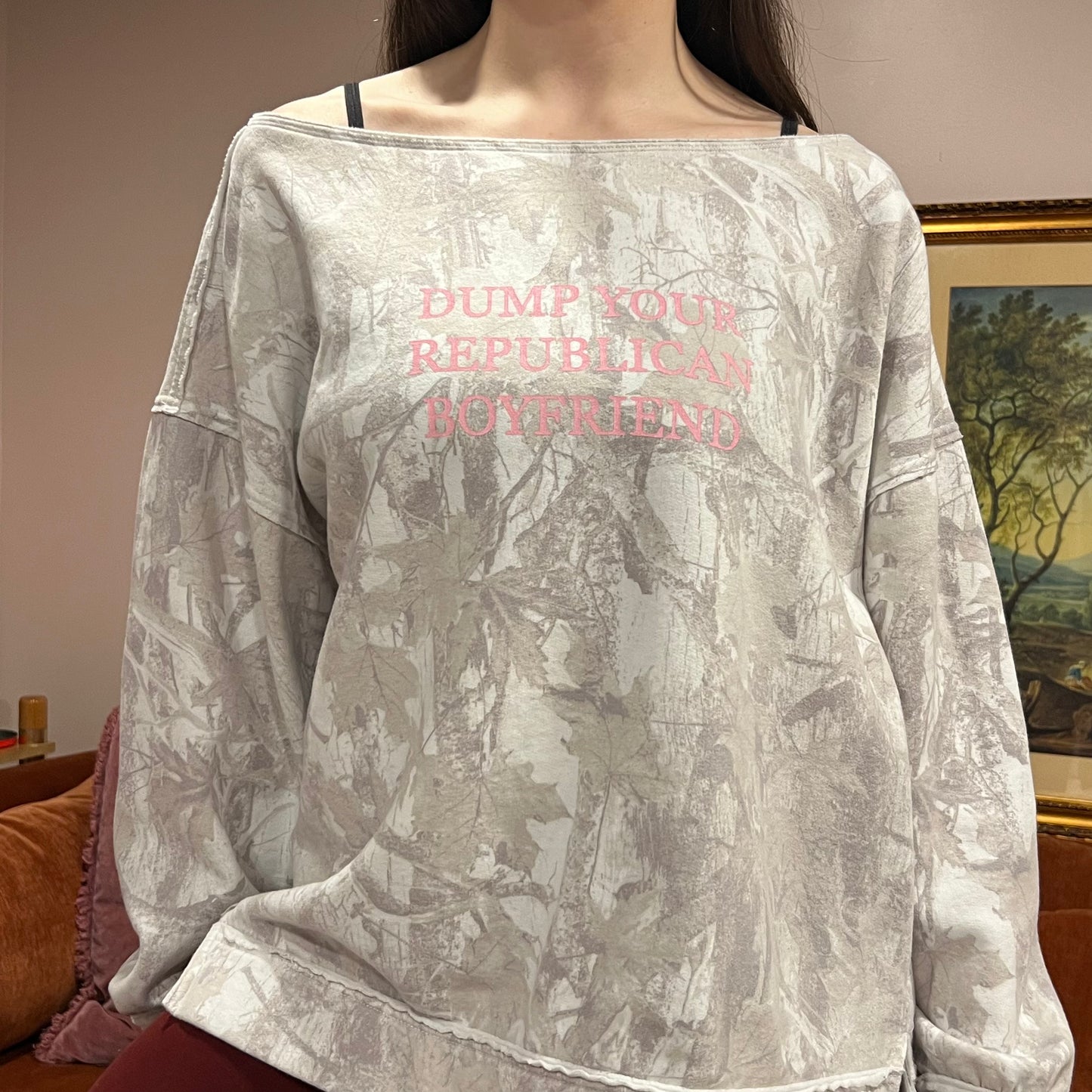 DUMP YOUR REPUBLICAN BOYFRIEND white camo crewneck with pink text (XL)