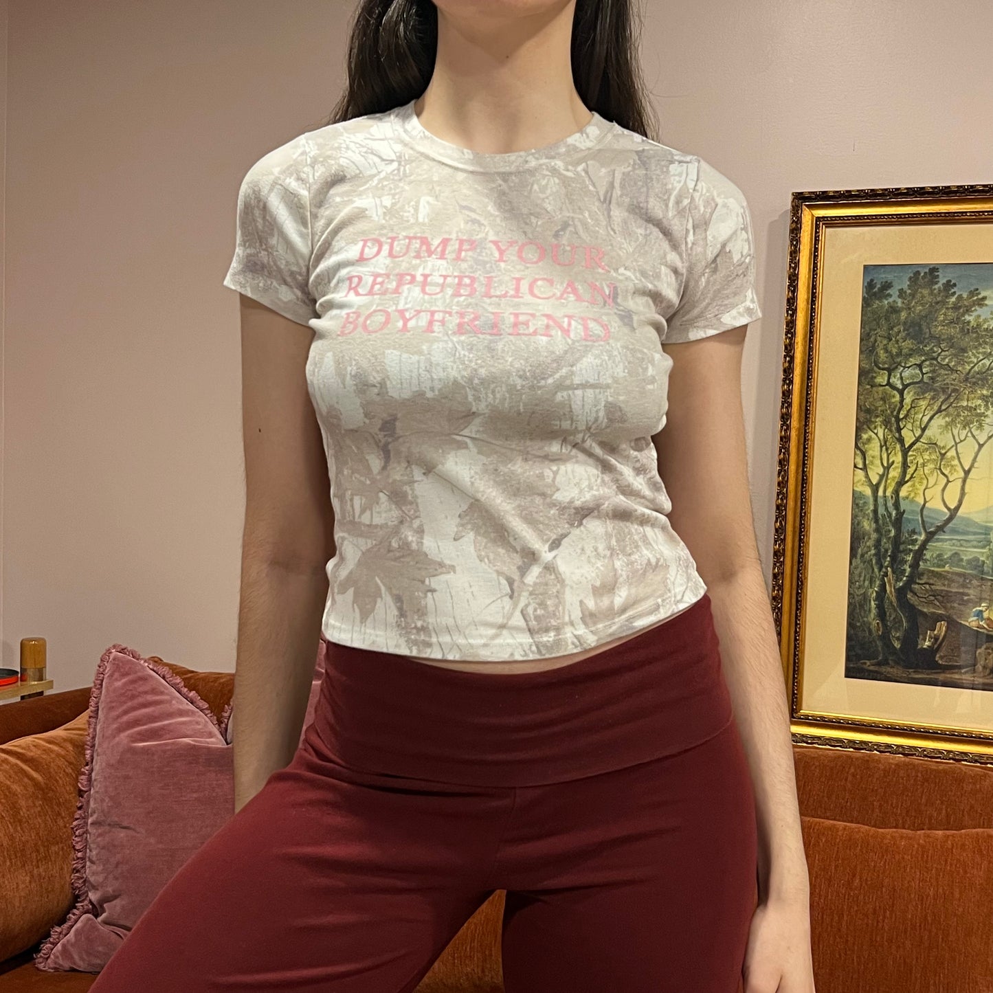 DUMP YOUR REPUBLICAN BOYFRIEND white camo t-shirt with pink text (S)