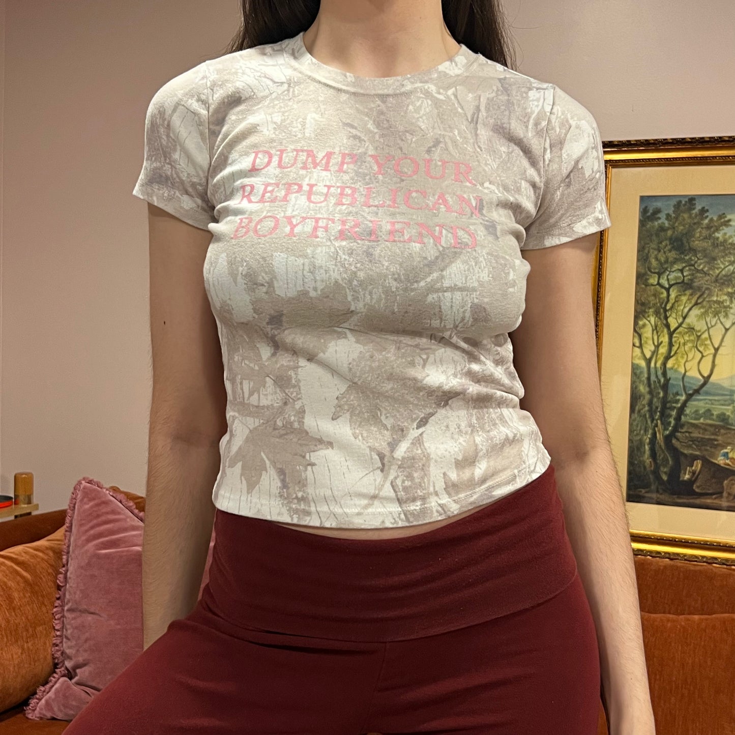 DUMP YOUR REPUBLICAN BOYFRIEND white camo t-shirt with pink text (S)