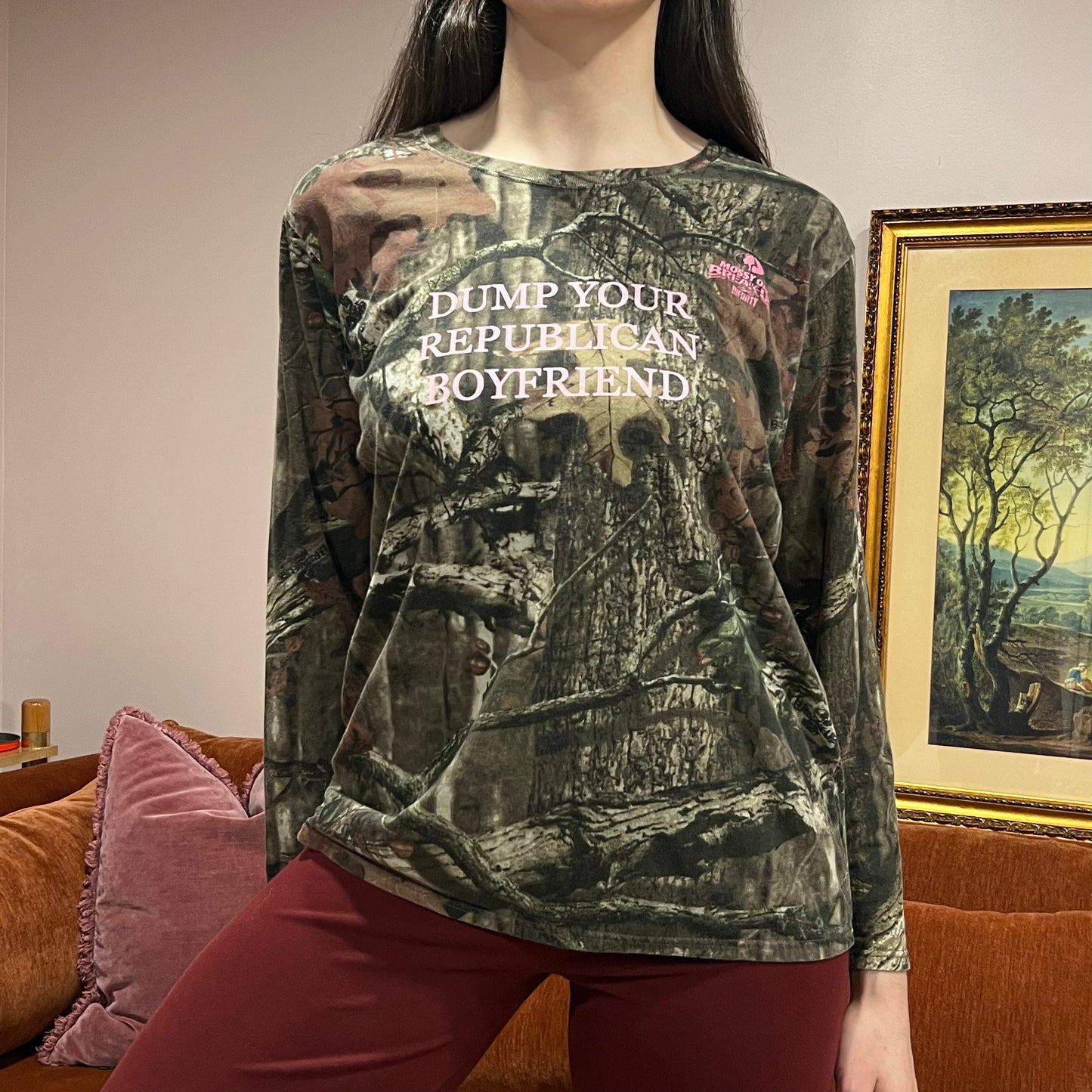 DUMP YOUR REPUBLICAN BOYFRIEND camo long sleeve t-shirt with pink text (XL)