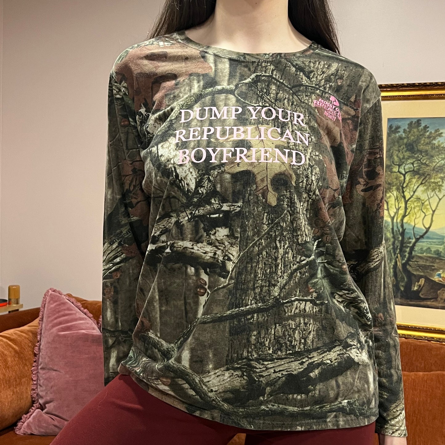 DUMP YOUR REPUBLICAN BOYFRIEND camo long sleeve t-shirt with pink text (XL)