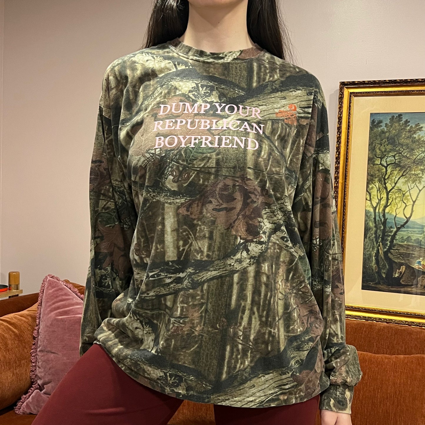 DUMP YOUR REPUBLICAN BOYFRIEND camo long sleeve t-shirt with pink text (XL)