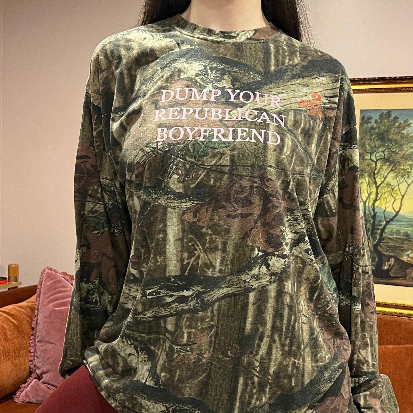 DUMP YOUR REPUBLICAN BOYFRIEND camo long sleeve t-shirt with pink text (XL)
