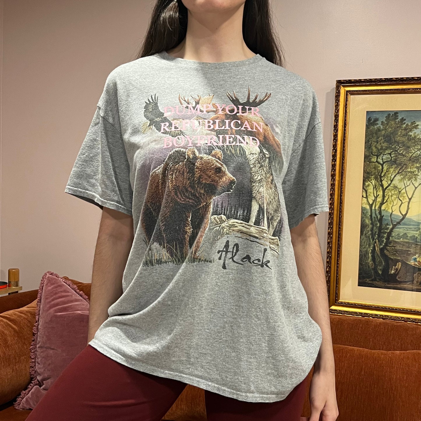 DUMP YOUR REPUBLICAN BOYFRIEND animal t-shirt with pink text (XL)