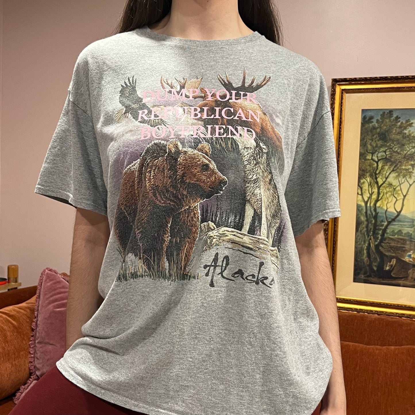 DUMP YOUR REPUBLICAN BOYFRIEND animal t-shirt with pink text (XL)