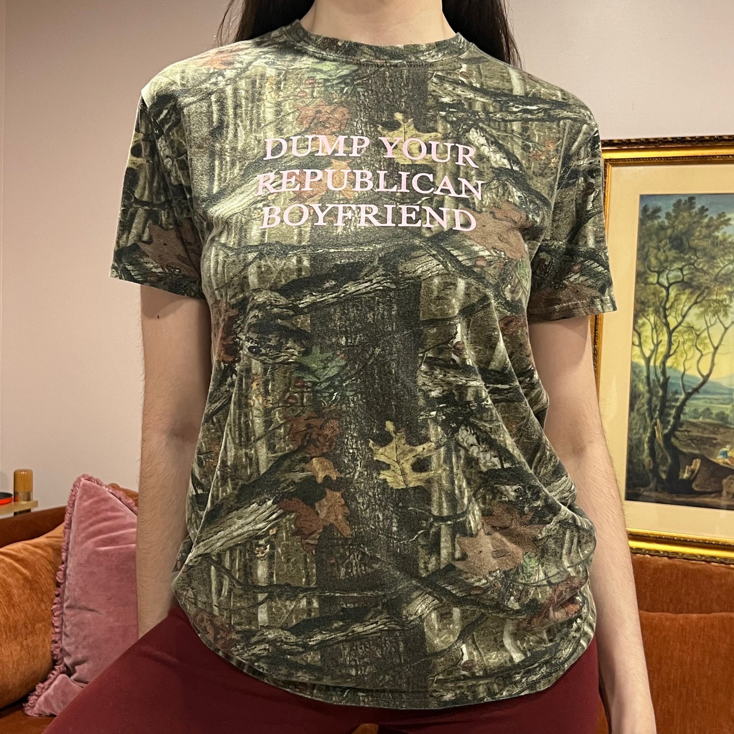 DUMP YOUR REPUBLICAN BOYFRIEND camo t-shirt with pink text (S/M)