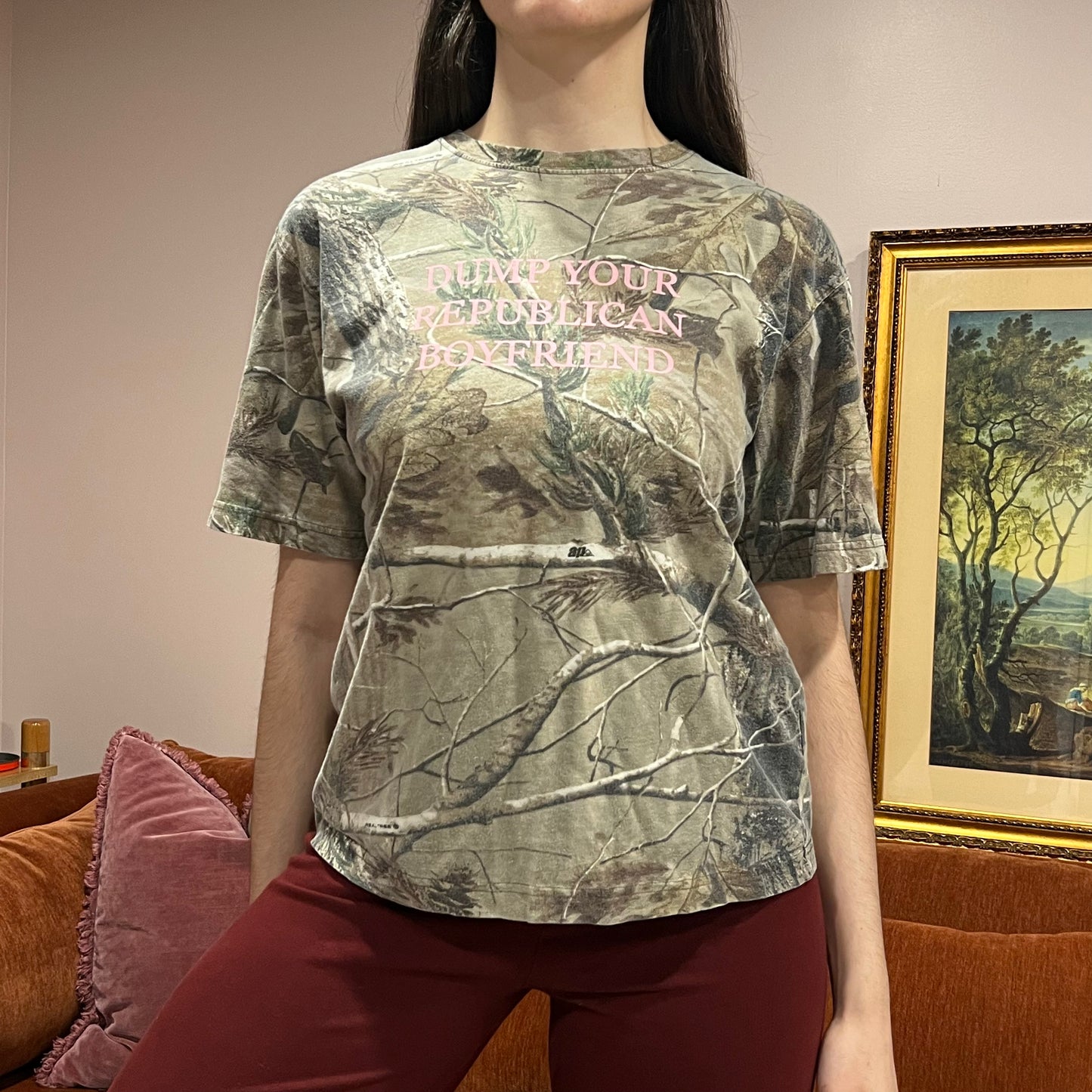 DUMP YOUR REPUBLICAN BOYFRIEND camo t-shirt with pink text (S)