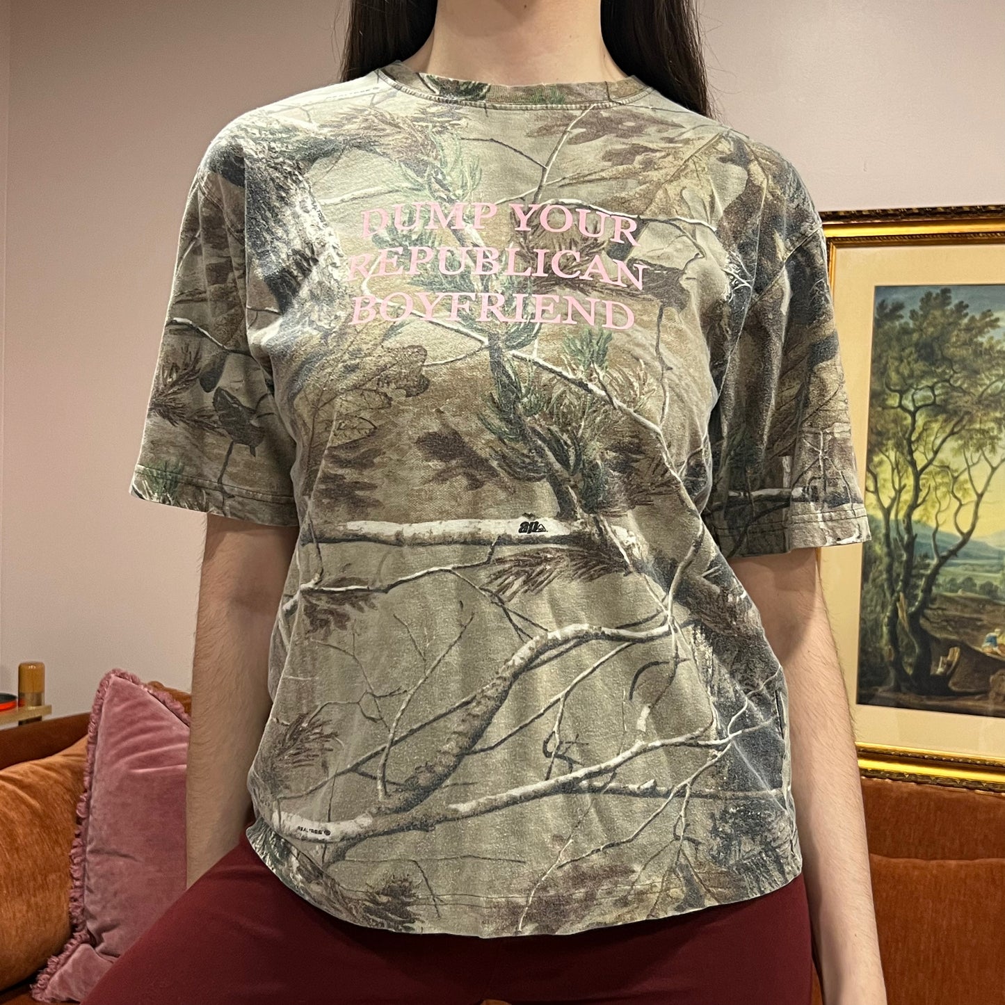 DUMP YOUR REPUBLICAN BOYFRIEND camo t-shirt with pink text (S)