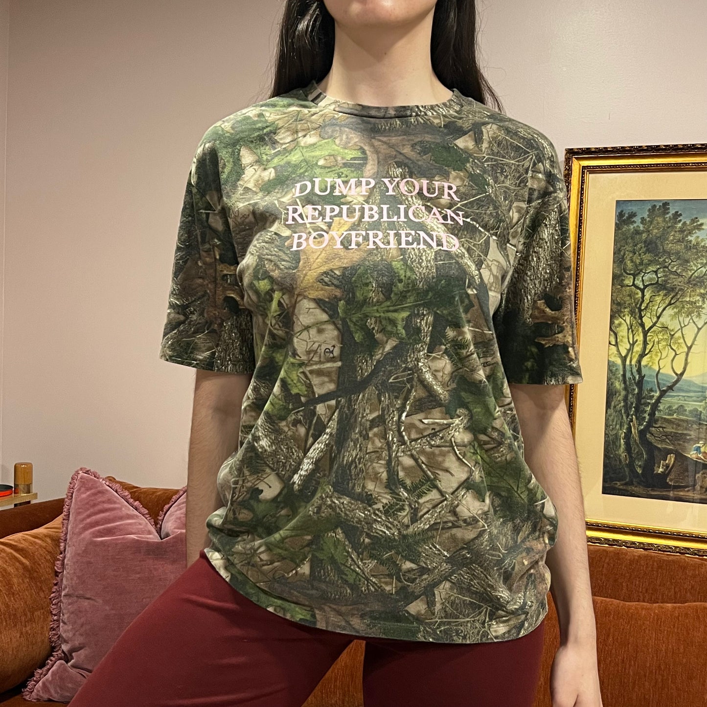 DUMP YOUR REPUBLICAN BOYFRIEND camo t-shirt with pink text (M)