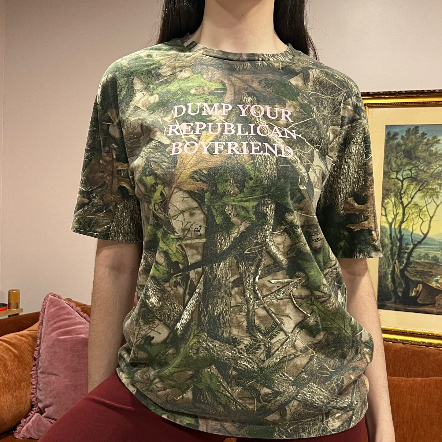 DUMP YOUR REPUBLICAN BOYFRIEND camo t-shirt with pink text (M)
