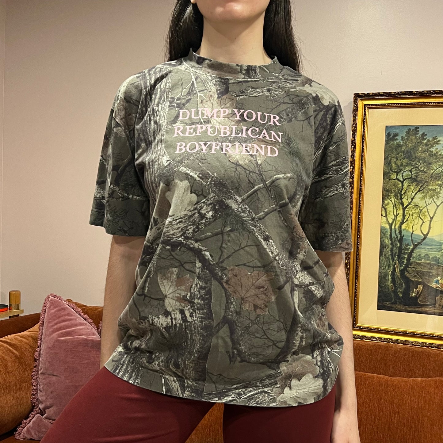 DUMP YOUR REPUBLICAN BOYFRIEND camo t-shirt with pink text (M)