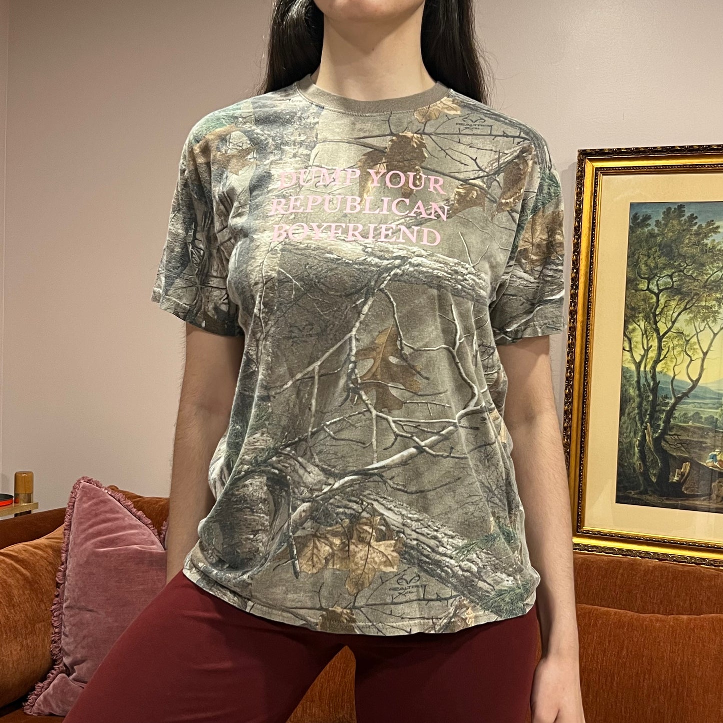 DUMP YOUR REPUBLICAN BOYFRIEND camo t-shirt with pink text (L)
