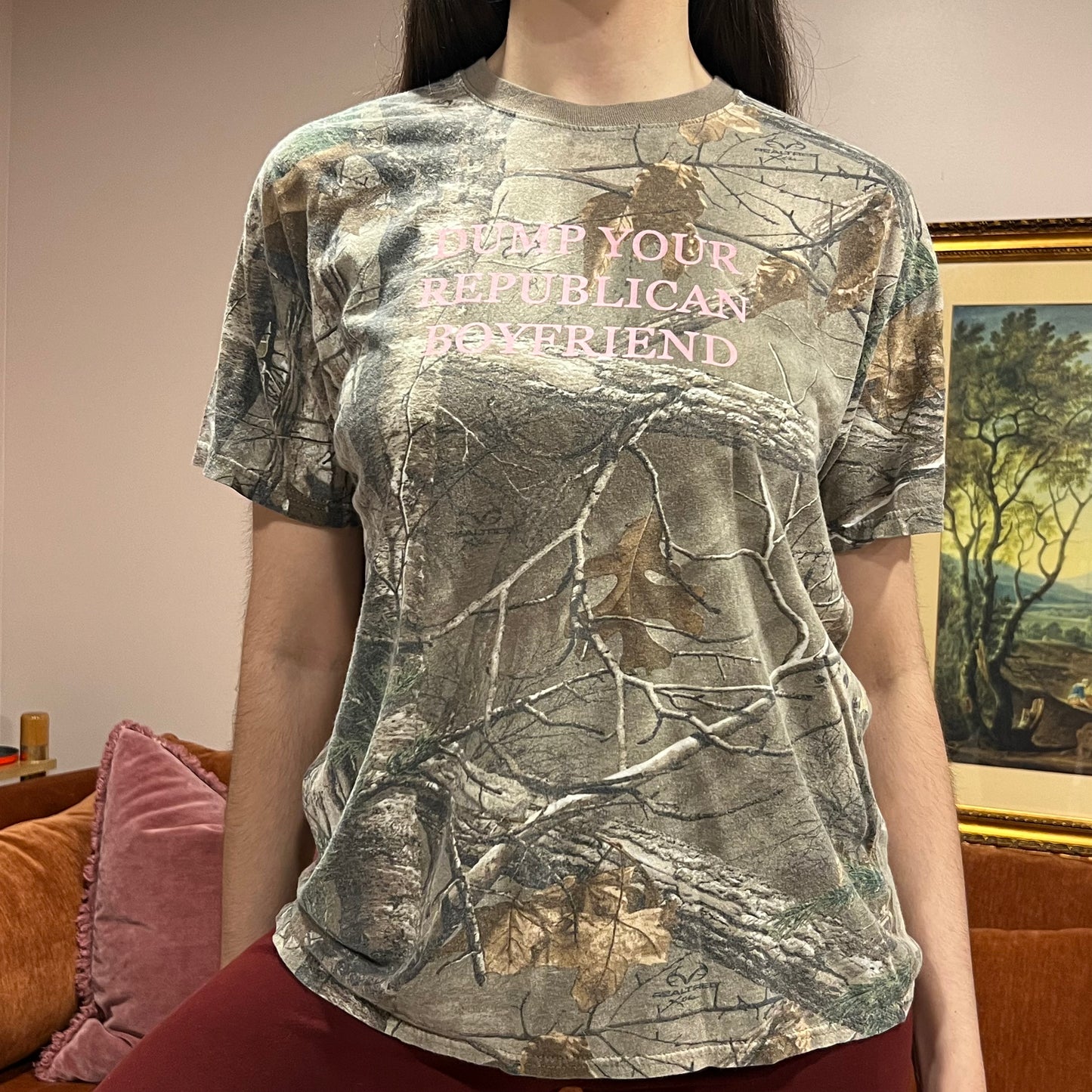DUMP YOUR REPUBLICAN BOYFRIEND camo t-shirt with pink text (L)