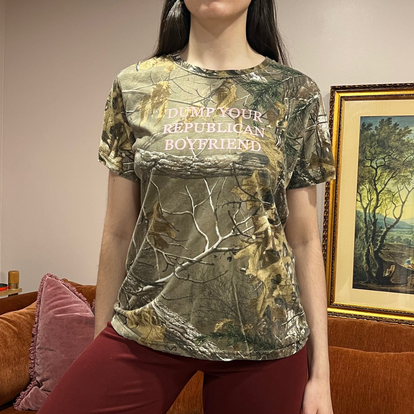 DUMP YOUR REPUBLICAN BOYFRIEND camo t-shirt with pink text (XL)