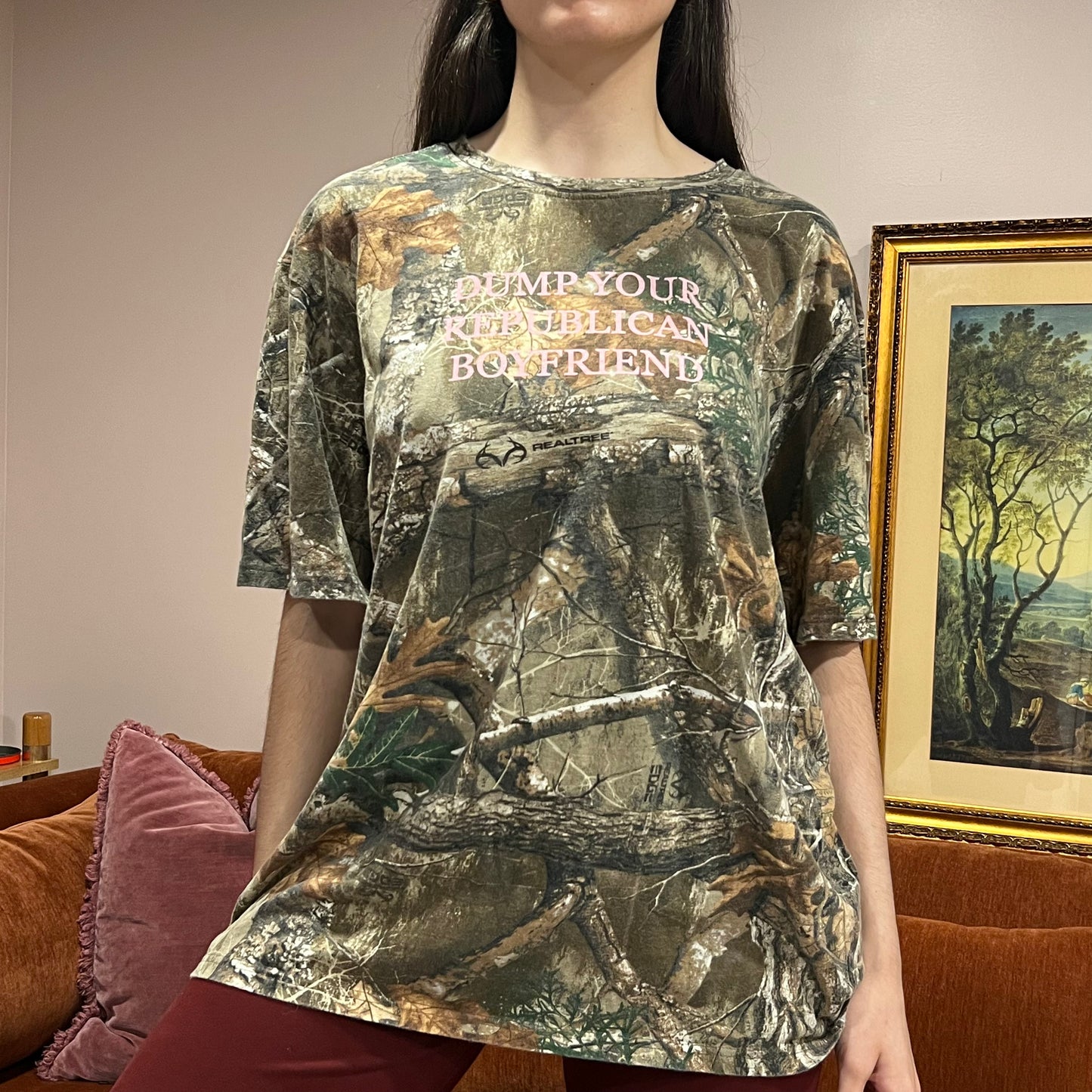 DUMP YOUR REPUBLICAN BOYFRIEND camo t-shirt with pink text (2XL)