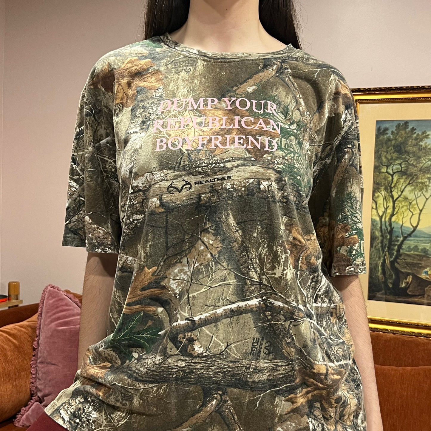 DUMP YOUR REPUBLICAN BOYFRIEND camo t-shirt with pink text (2XL)