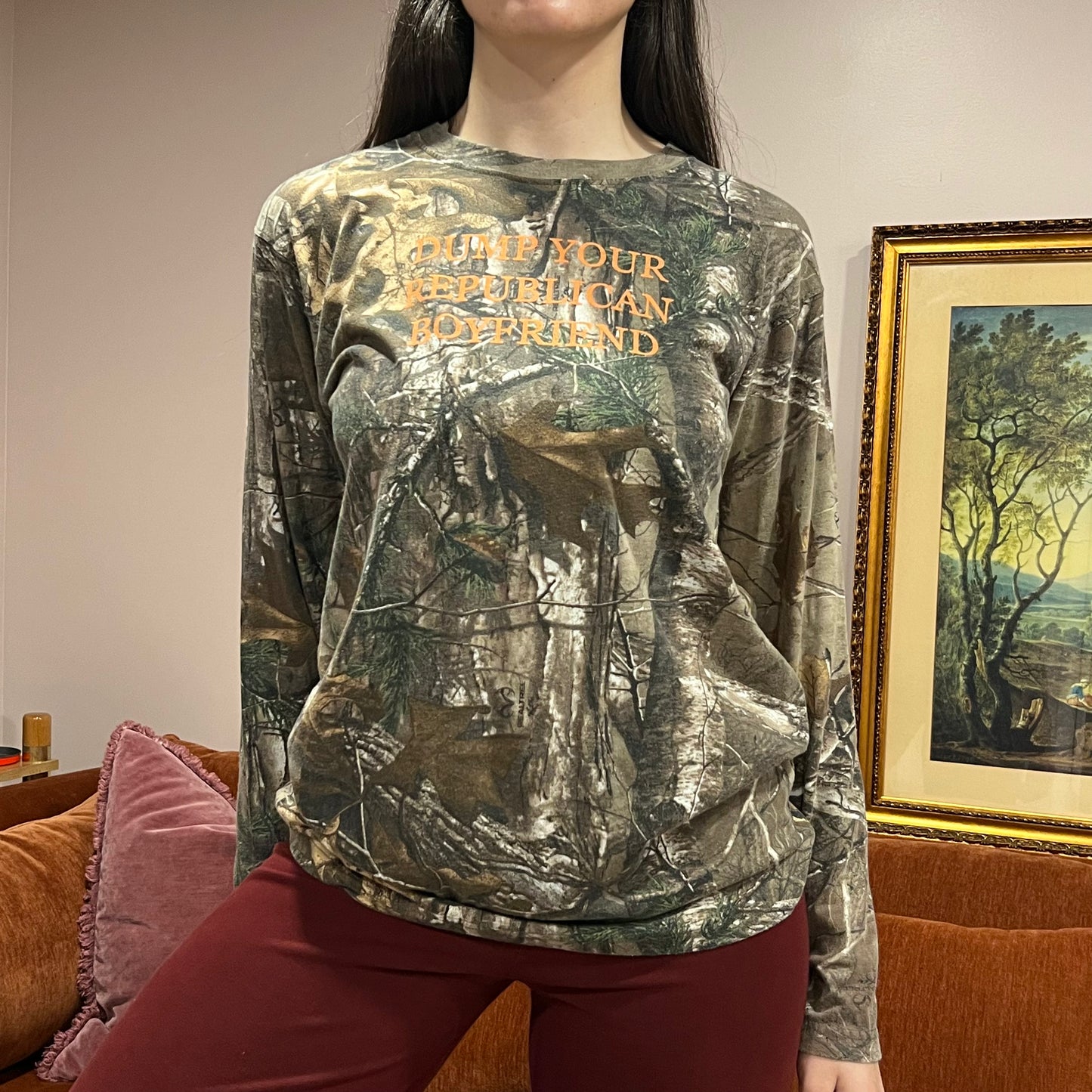 DUMP YOUR REPUBLICAN BOYFRIEND camo long sleeve t-shirt with orange text (M)
