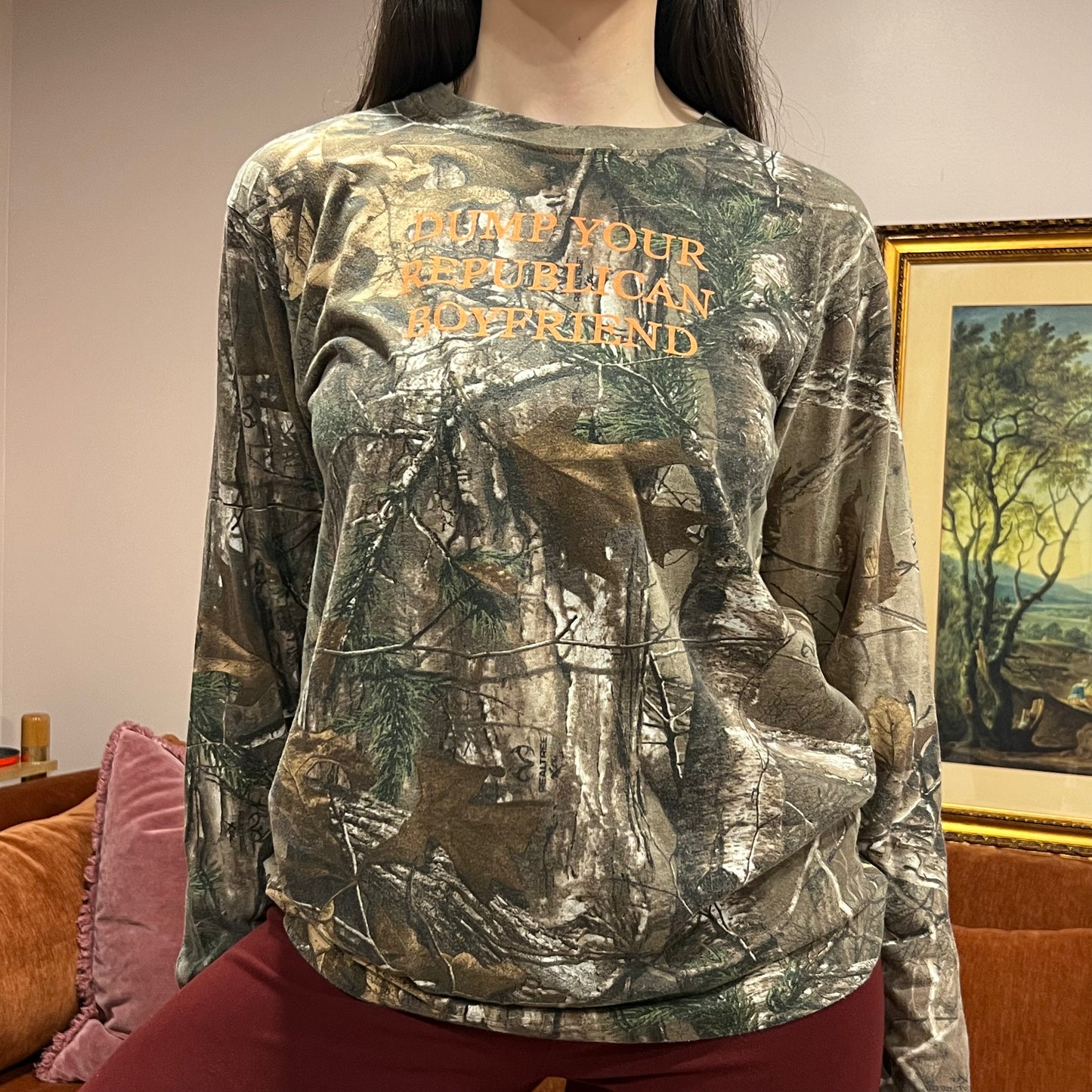 DUMP YOUR REPUBLICAN BOYFRIEND camo long sleeve t-shirt with orange text (M)