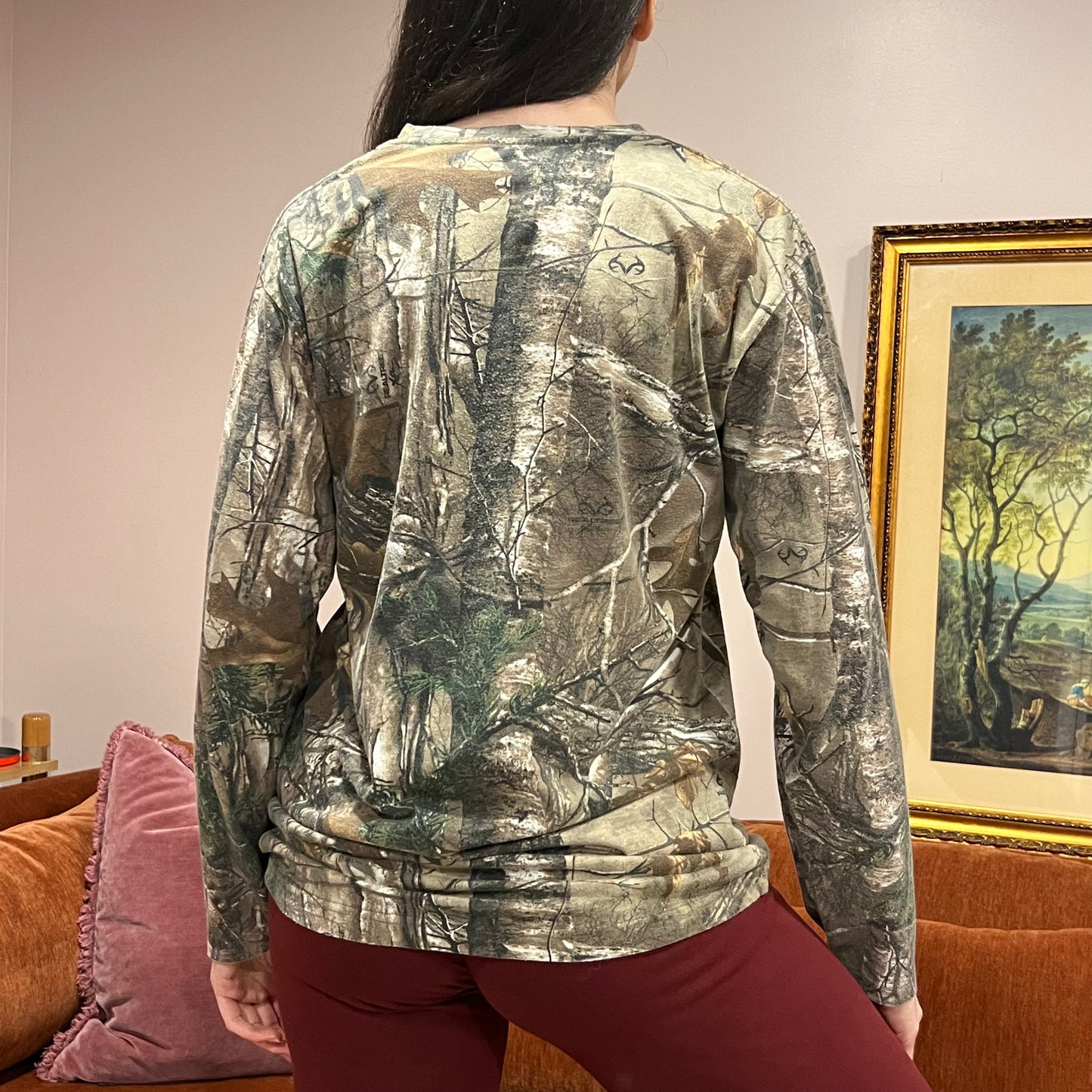 DUMP YOUR REPUBLICAN BOYFRIEND camo long sleeve t-shirt with orange text (M)