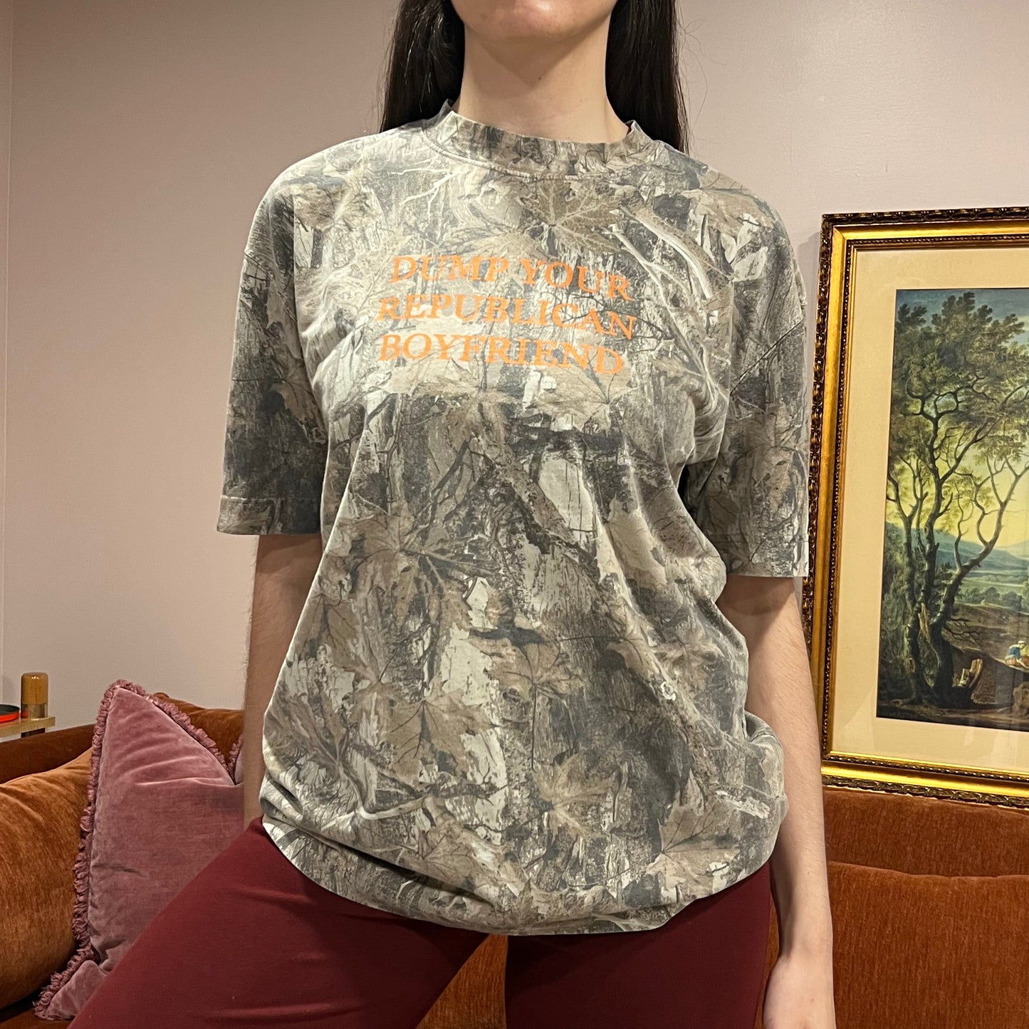DUMP YOUR REPUBLICAN BOYFRIEND camo t-shirt with orange text (M)