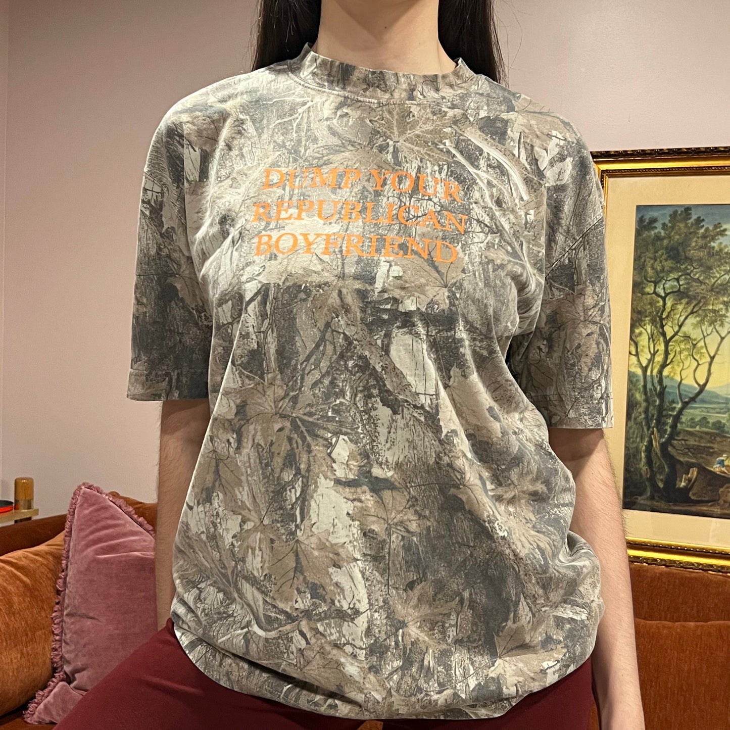 DUMP YOUR REPUBLICAN BOYFRIEND camo t-shirt with orange text (M)