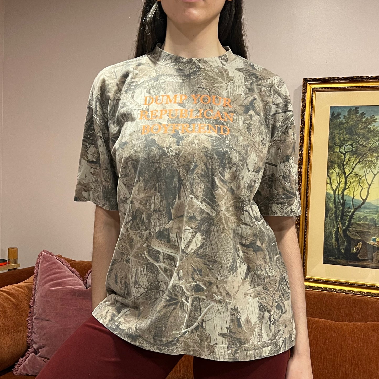 DUMP YOUR REPUBLICAN BOYFRIEND camo t-shirt with orange text (L)