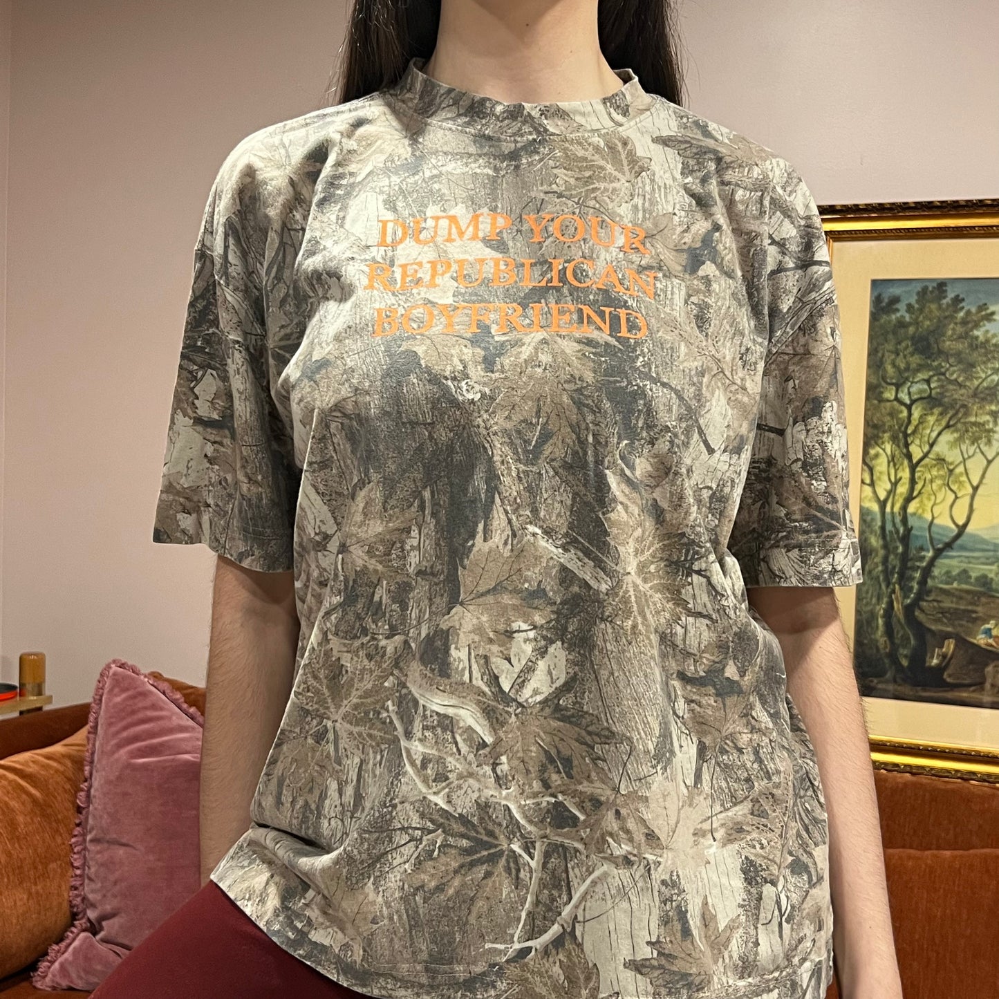 DUMP YOUR REPUBLICAN BOYFRIEND camo t-shirt with orange text (L)