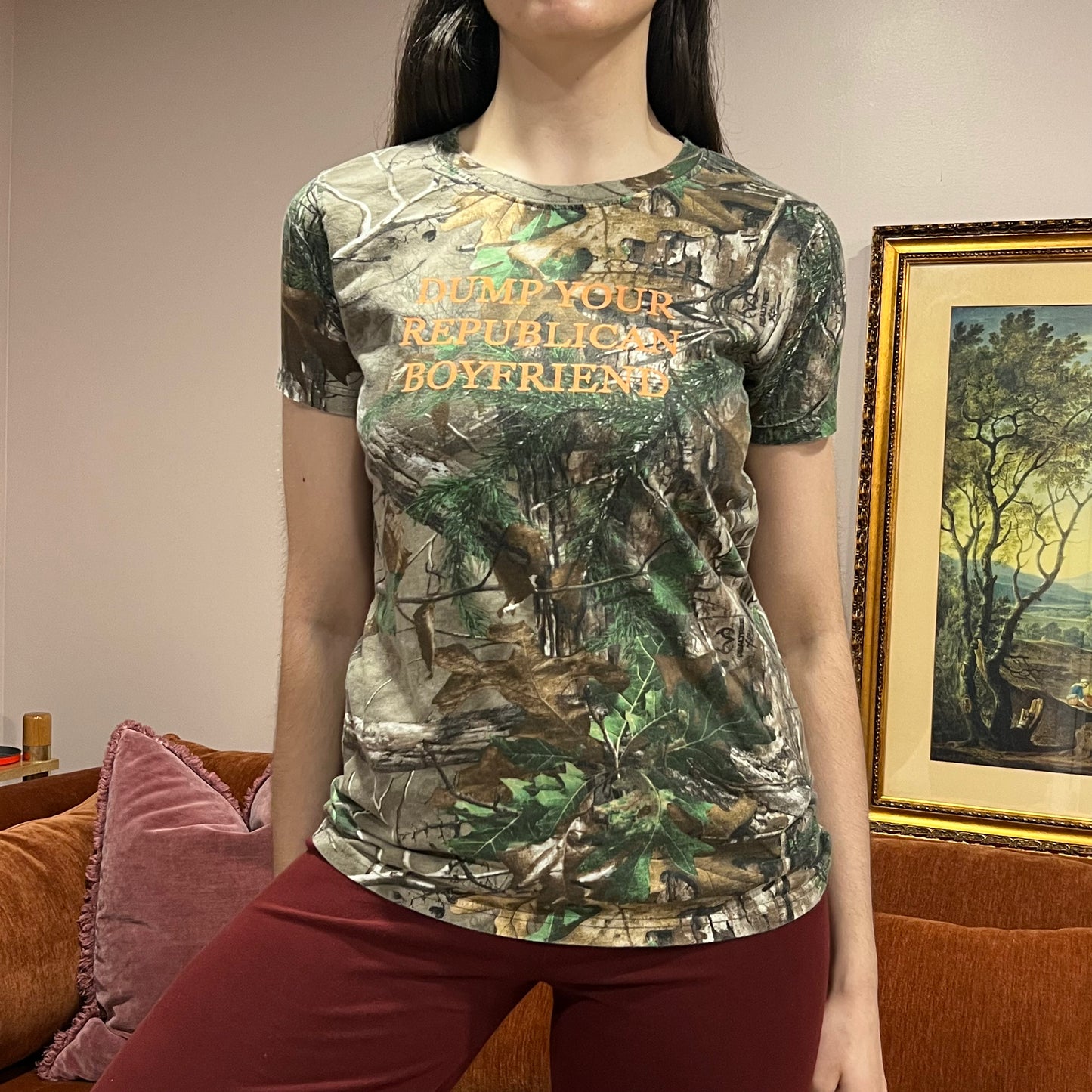 DUMP YOUR REPUBLICAN BOYFRIEND camo t-shirt with orange text (L)