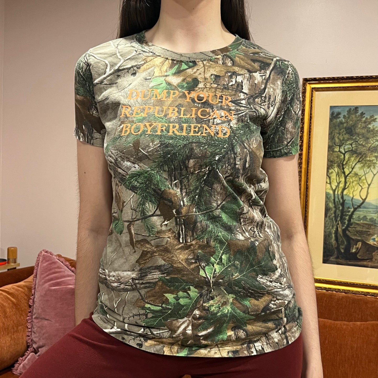 DUMP YOUR REPUBLICAN BOYFRIEND camo t-shirt with orange text (L)