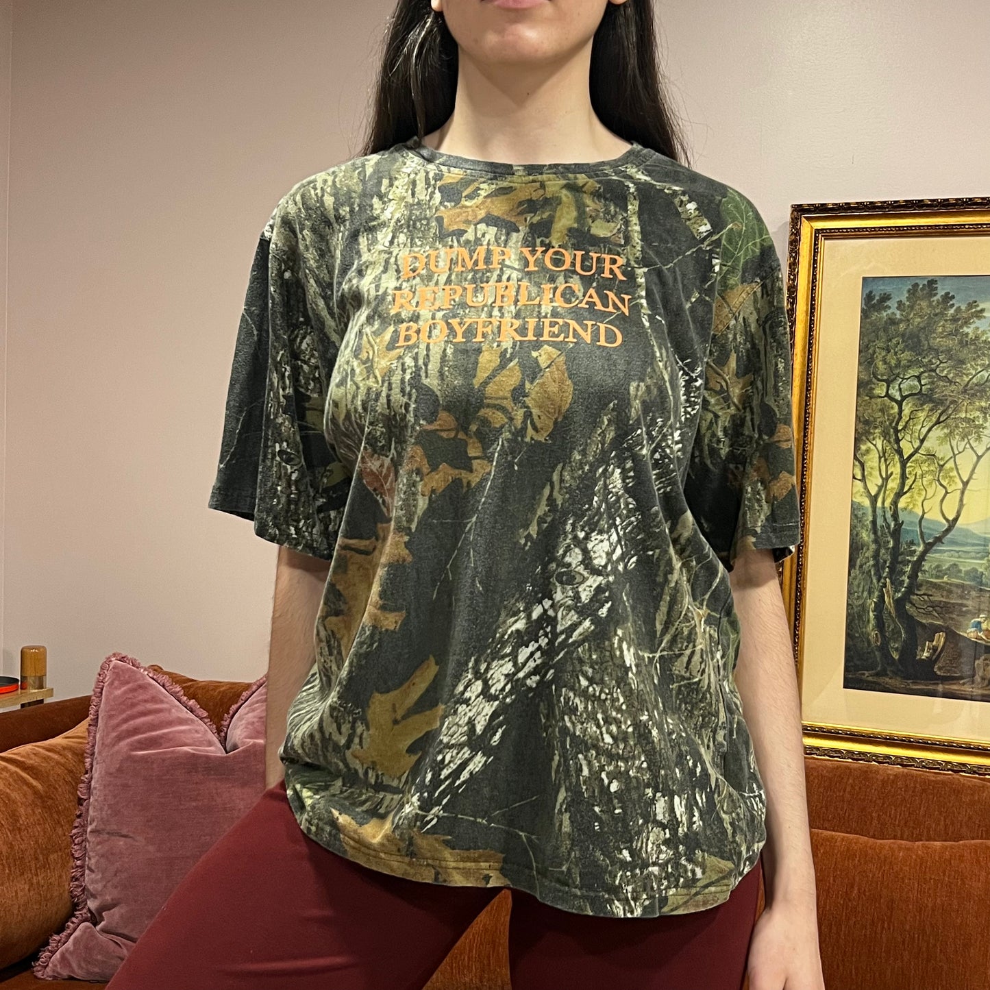 DUMP YOUR REPUBLICAN BOYFRIEND camo t-shirt with orange text (L)