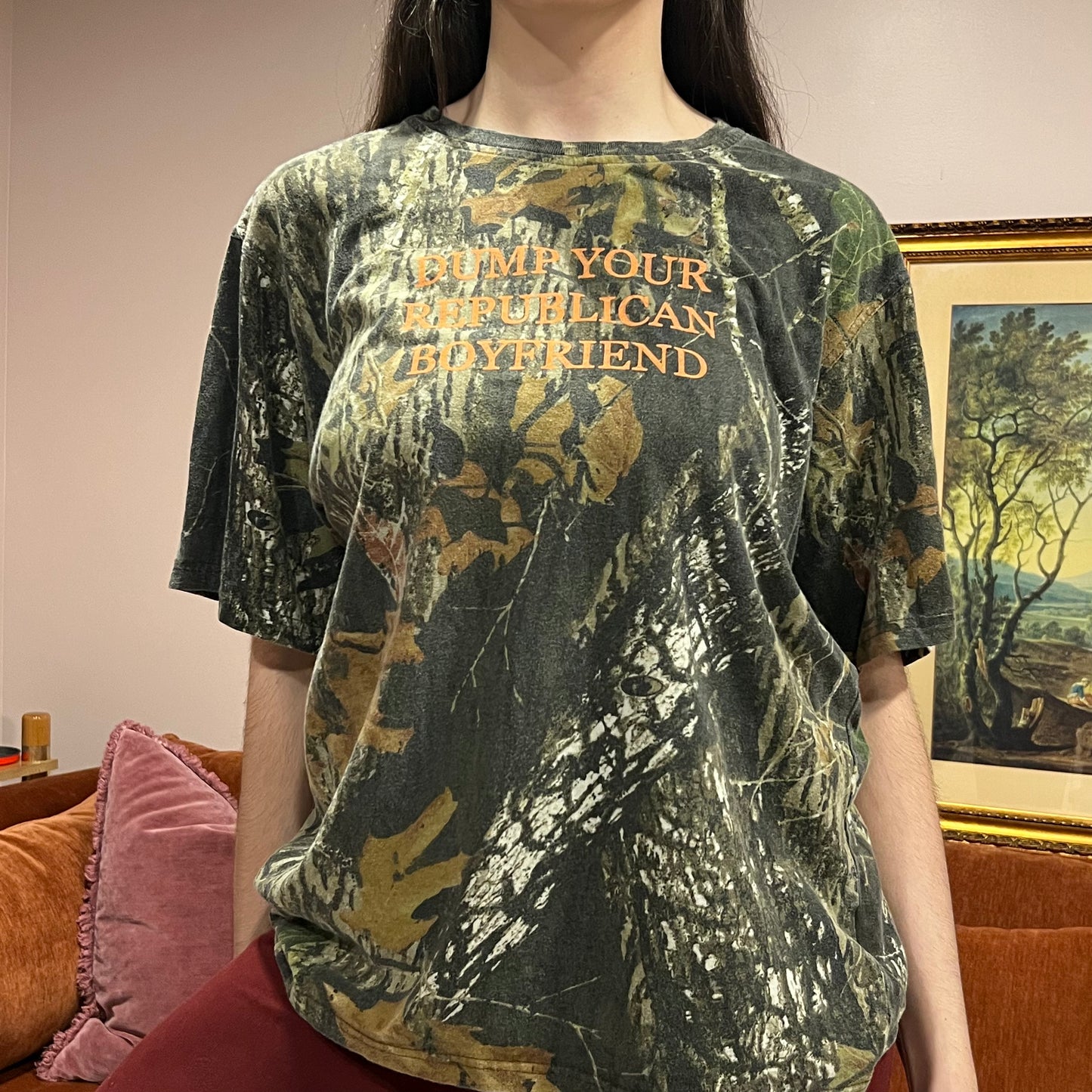 DUMP YOUR REPUBLICAN BOYFRIEND camo t-shirt with orange text (L)