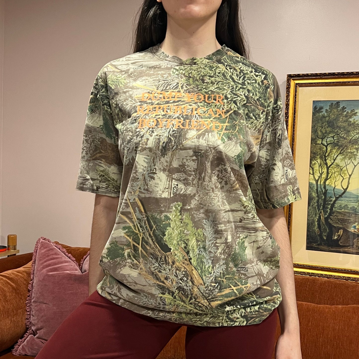 DUMP YOUR REPUBLICAN BOYFRIEND camo t-shirt with orange text (L)