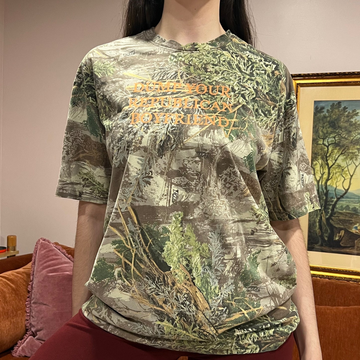 DUMP YOUR REPUBLICAN BOYFRIEND camo t-shirt with orange text (L)