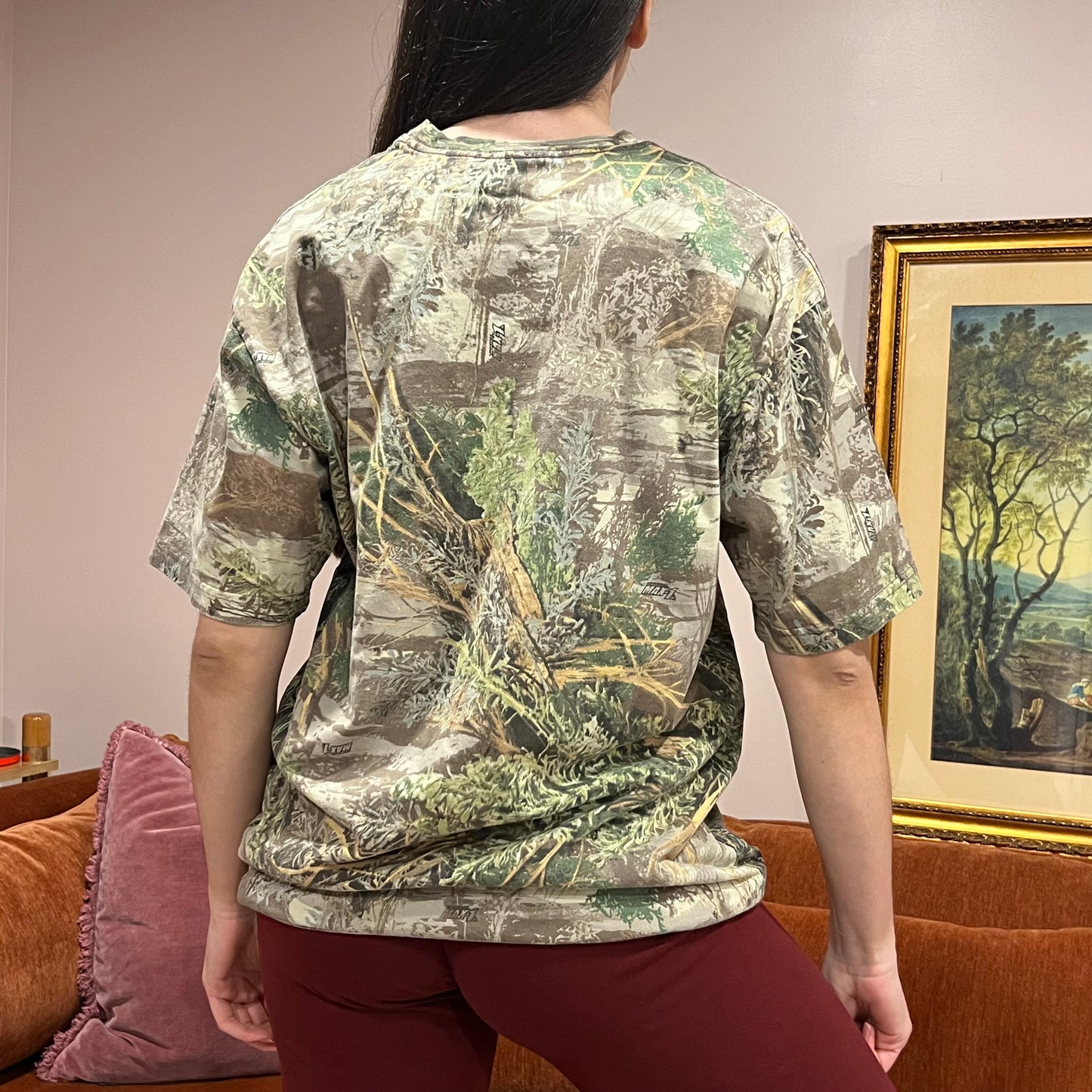 DUMP YOUR REPUBLICAN BOYFRIEND camo t-shirt with orange text (L)