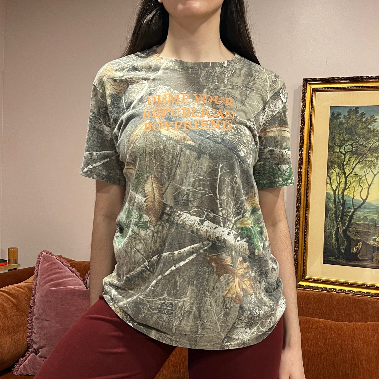 DUMP YOUR REPUBLICAN BOYFRIEND camo t-shirt with orange text (L)