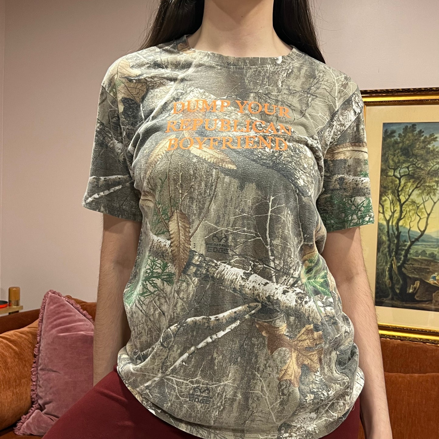 DUMP YOUR REPUBLICAN BOYFRIEND camo t-shirt with orange text (L)