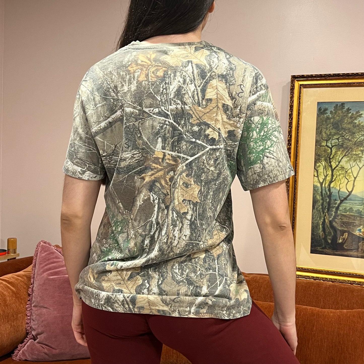 DUMP YOUR REPUBLICAN BOYFRIEND camo t-shirt with orange text (L)