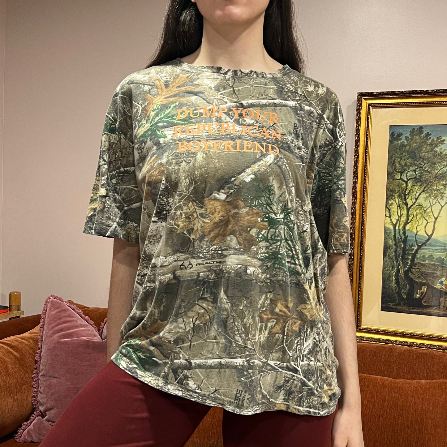 DUMP YOUR REPUBLICAN BOYFRIEND camo t-shirt with orange text (XL)