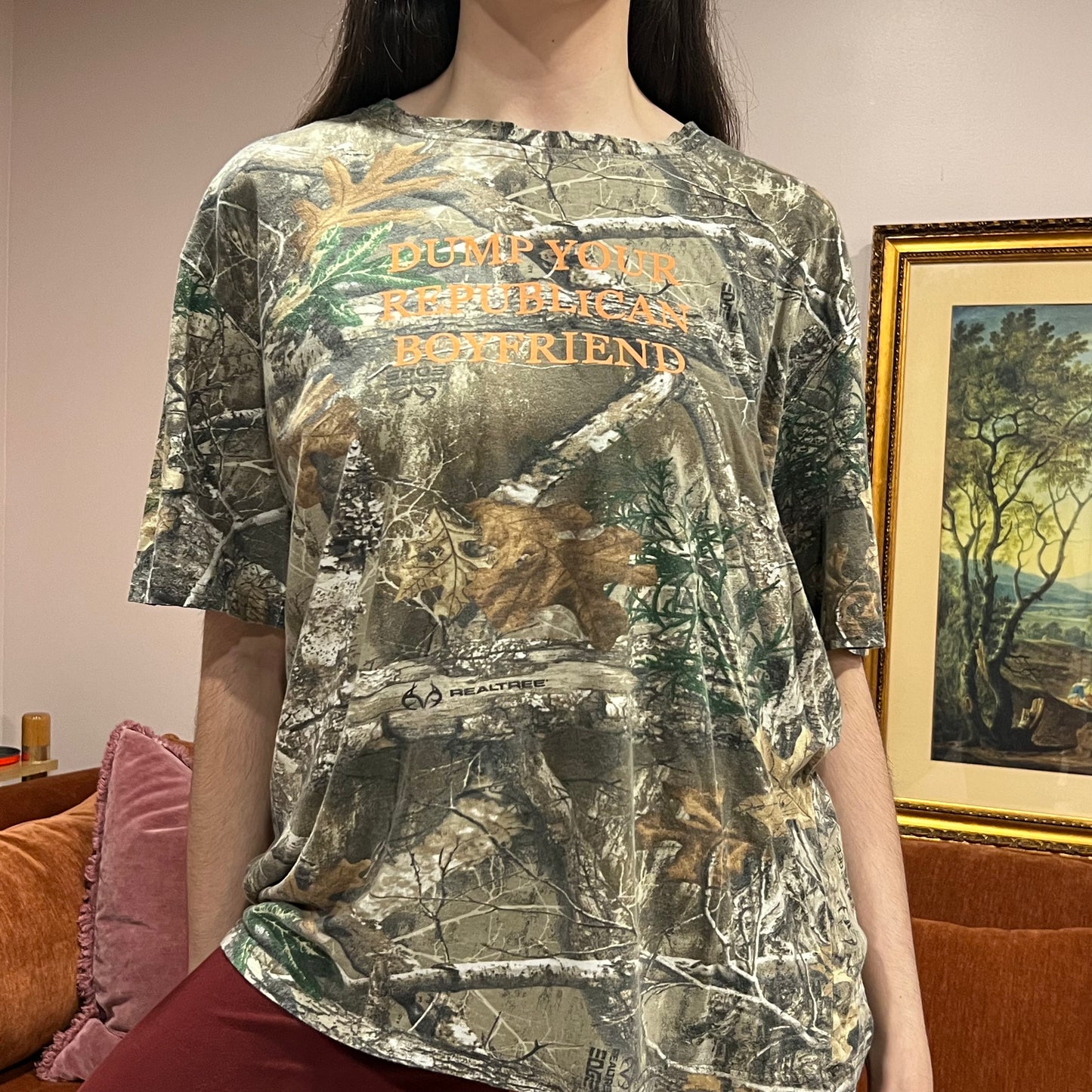 DUMP YOUR REPUBLICAN BOYFRIEND camo t-shirt with orange text (XL)