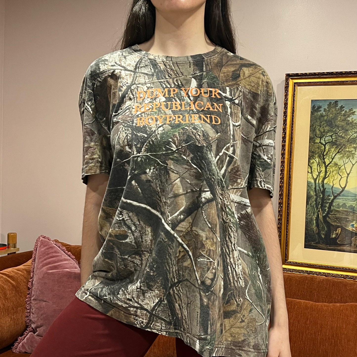 DUMP YOUR REPUBLICAN BOYFRIEND camo t-shirt with orange text (2XL)