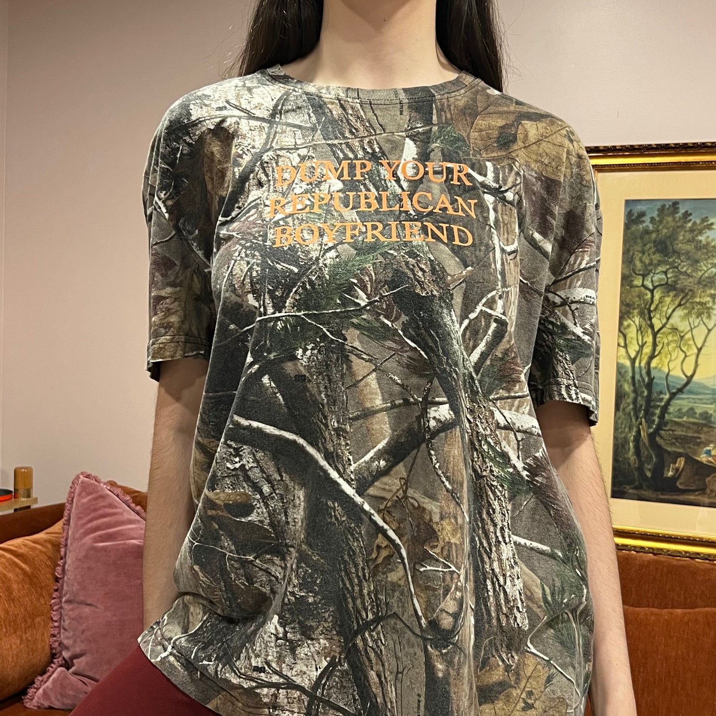 DUMP YOUR REPUBLICAN BOYFRIEND camo t-shirt with orange text (2XL)