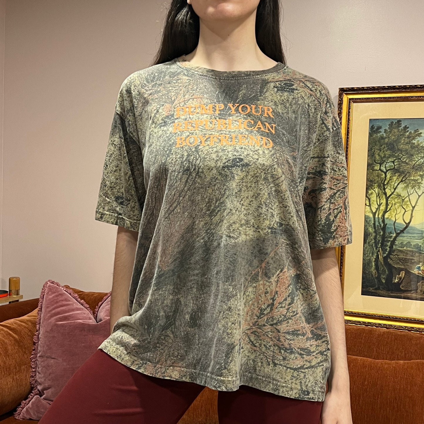 DUMP YOUR REPUBLICAN BOYFRIEND camo t-shirt with orange text (XL)